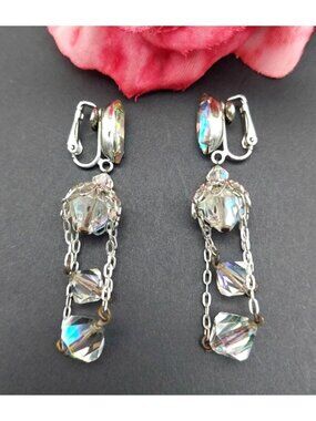 Vintage Lewis Segal AB Crystal Dangle Drop Clip On Earrings Silver Tone Formal